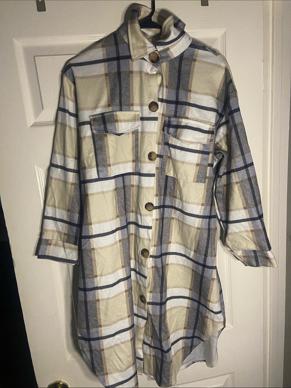 Plaid Button-Front Shacket in Cream, Tan & Navy